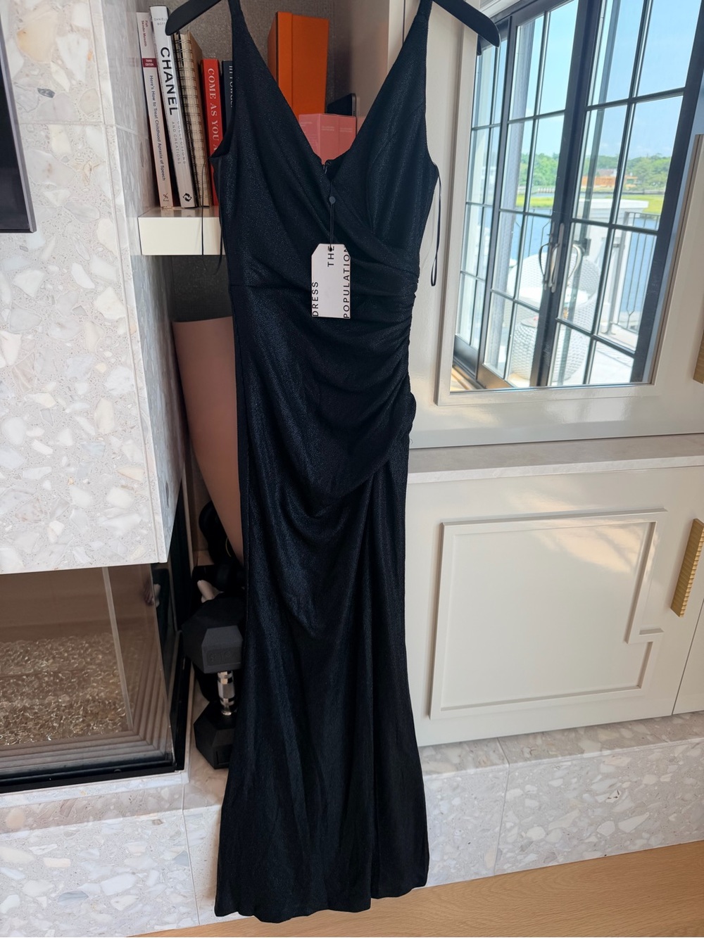 Dress the Population Black Ruched V-Neck Evening Dress